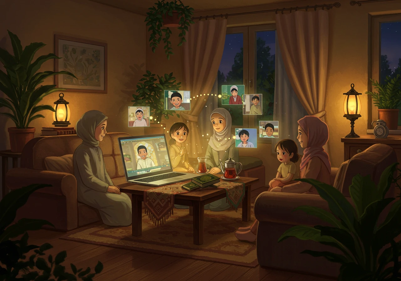 A Muslim family participating in a warm, community-focused online Quran class, representing the emotional connection, shared learning, and motivation fostered through virtual Quran education.