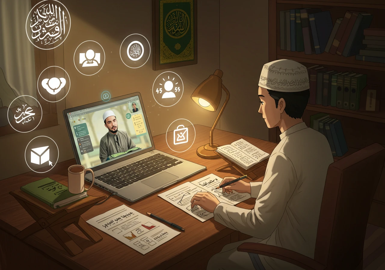 A student engaged in an online Quran assessment with a teacher on a laptop screen, surrounded by progress indicators, notes, and Quranic materials representing structured and spiritually grounded evaluation.