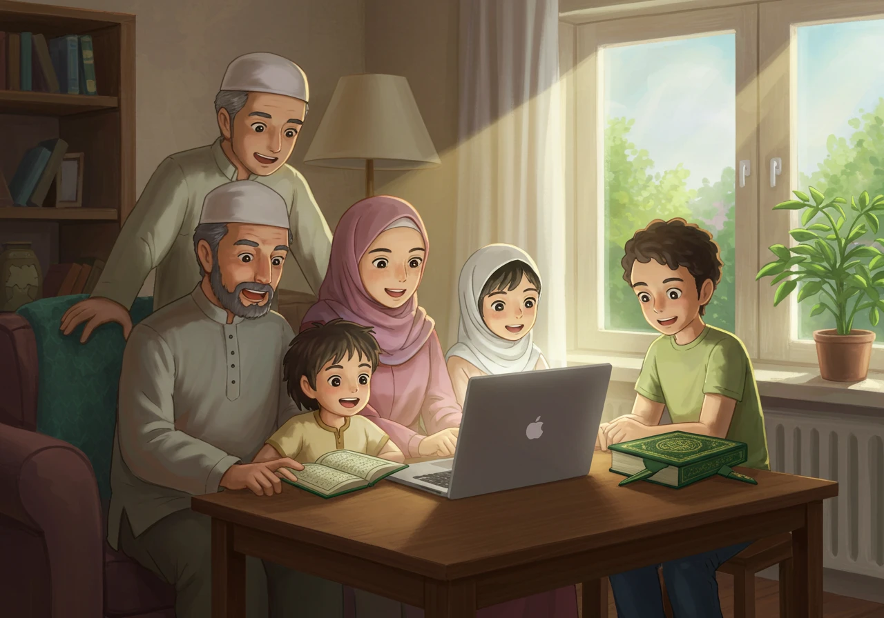 A student studying Quran and Arabic together through an online platform, with a Quran, Arabic grammar notes, and vocabulary charts on the desk, symbolizing the connection between language learning and Quranic understanding.
