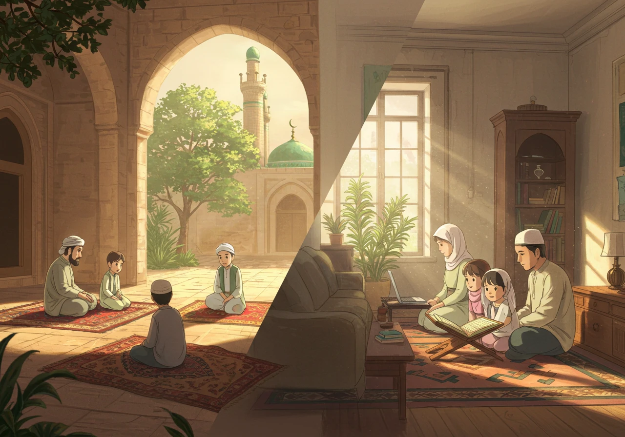 Traditional Quran learning in a madrasa and online Quran education at home shown together to highlight how modern technology preserves sacred learning while deepening connection to the Quran across generations.