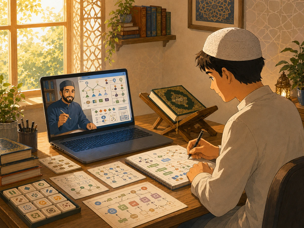 Student learning Quranic Arabic online with a teacher, studying Arabic roots, Quran vocabulary, Sarf, Nahw, and Classical Arabic sentence structure.