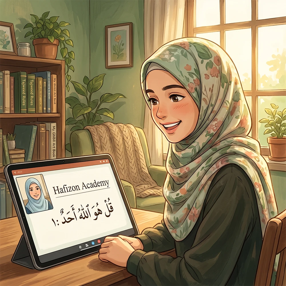 Learn Tajweed Online: A smiling student in a hijab uses a laptop for a live 1-on-1 Quran class at Hafizon Academy, reciting Surah Al-Ikhlas with a female tutor in a cozy room.