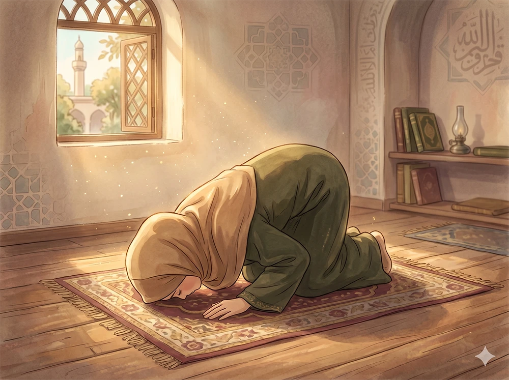A Muslim person in prostration during prayer, illuminated by soft light, representing obedience to Allah and the transition from belief into action in Islam.
