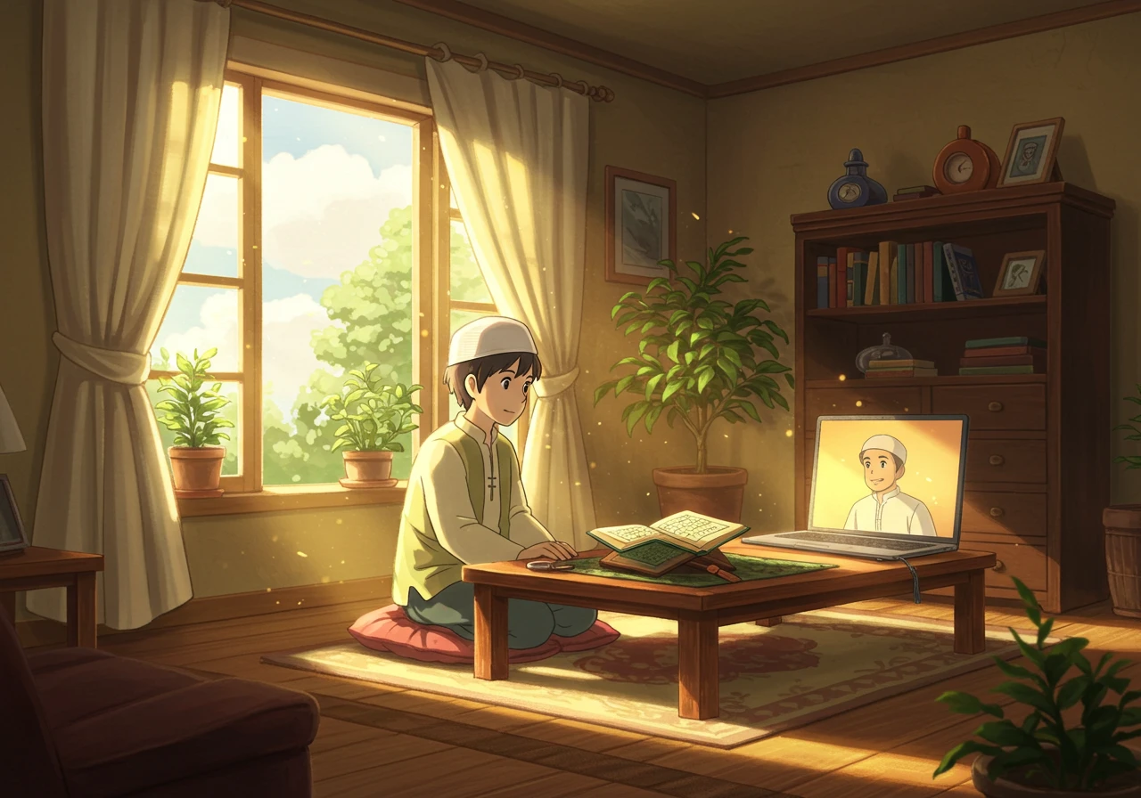 A young Muslim boy studying Quran online with a male tutor on his laptop, surrounded by warm morning light in a peaceful home environment, representing the harmony of faith, discipline, and digital Quran education.