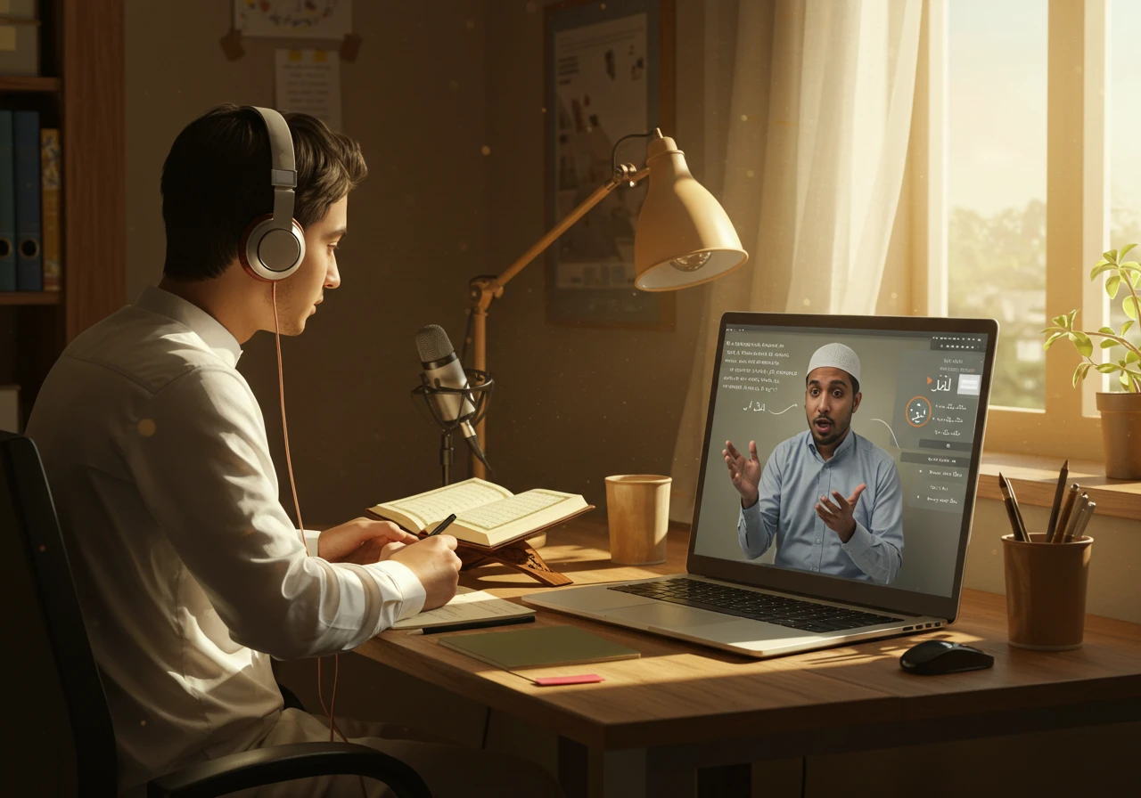 A male student learning Quran with Tajweed online from a skilled teacher, using digital tools and clear audio guidance, symbolizing how modern technology enables precise Quran recitation education comparable to traditional methods.