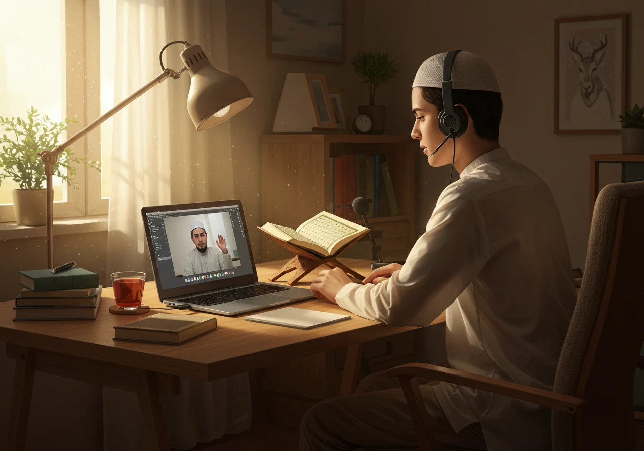 A Muslim student attending an online Quran class from a calm, well-equipped home setup with clear audio, good lighting, and digital tools ensuring effective Quran learning.