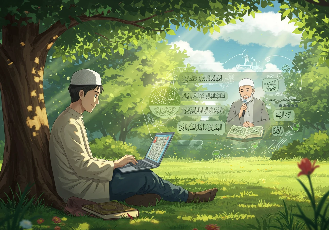 A Muslim student studying Quran online outdoors, combining memorization with learning verse meanings, representing a thoughtful and spiritually balanced approach to Quranic education.