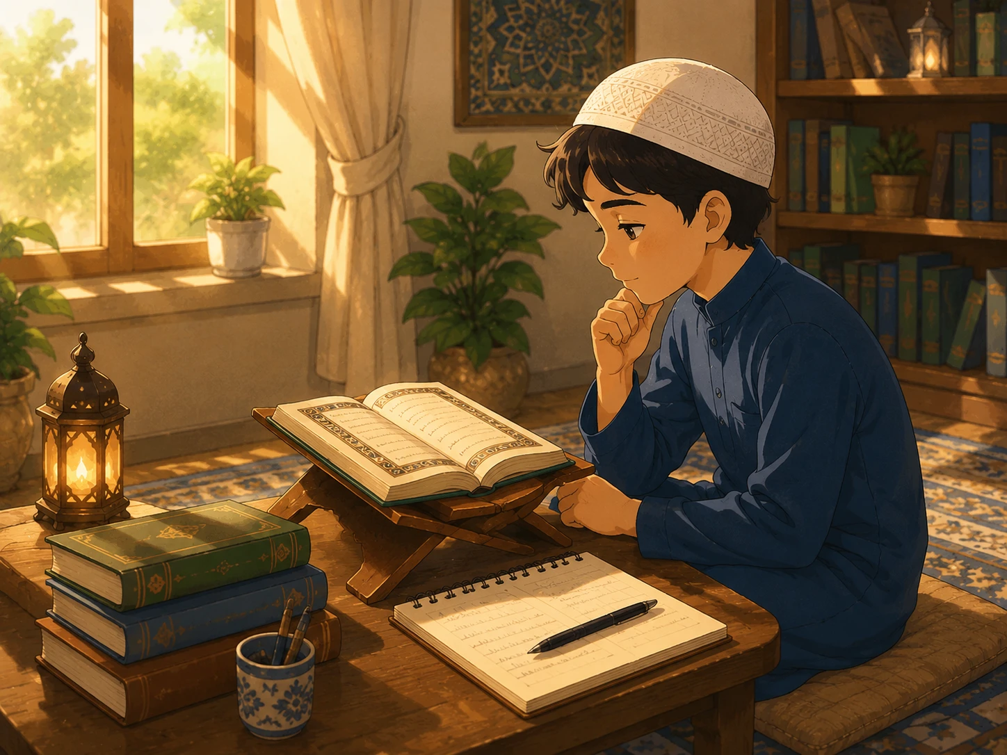 Student reflecting on Ayatul Kursi meaning while studying Quran at home