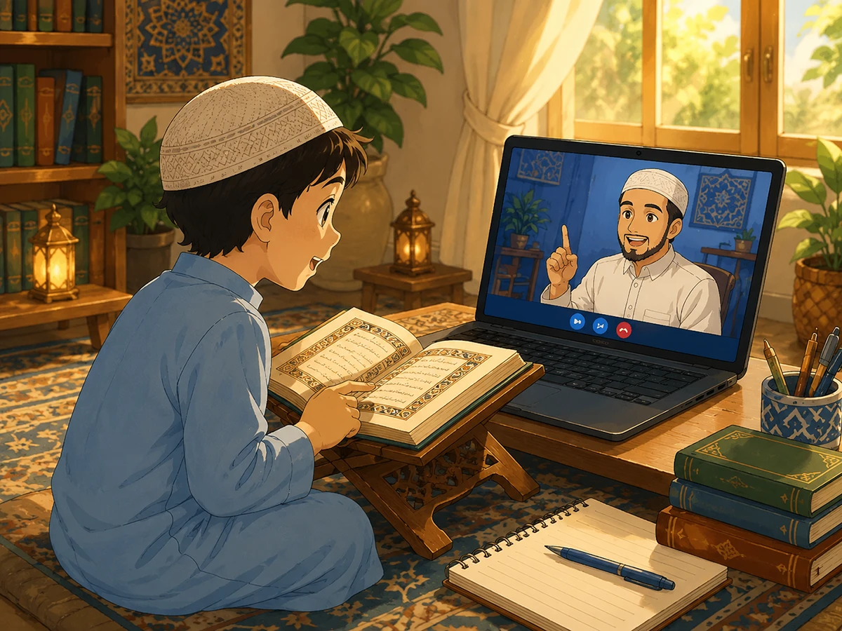 Child learning Ayatul Kursi transliteration with online Quran teacher
