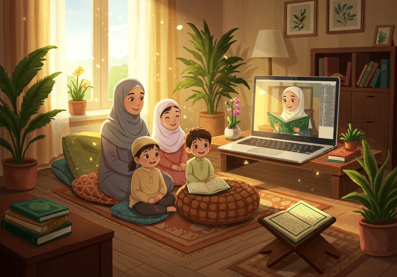 A Muslim family joyfully learning Quran online together at home, guided by a friendly Quran teacher on screen, reflecting Hafizon Academy’s focus on family-centered Quran education in a peaceful morning atmosphere