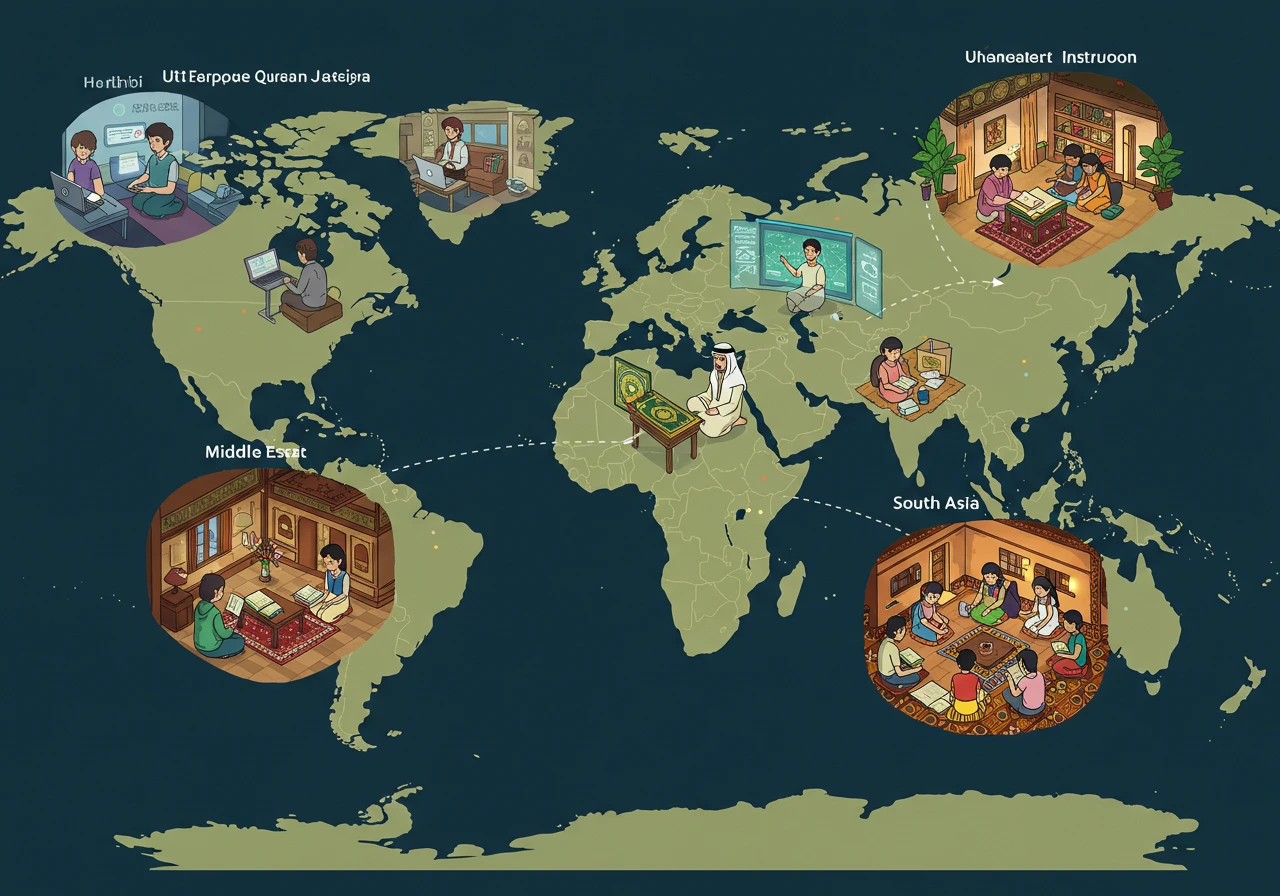 A vibrant Ghibli-style illustration of a world map with vignettes showing online Quran learning in North America, Europe, the Middle East, South Asia, and Africa, each visually representing tutors, environment, and community, without any text or numbers.