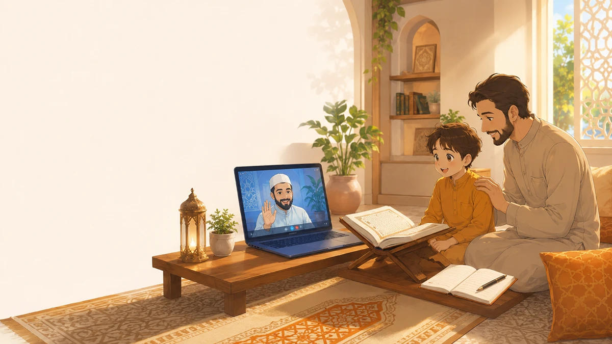 Parent and child beginning a free trial online Quran class with Hafizon Academy.