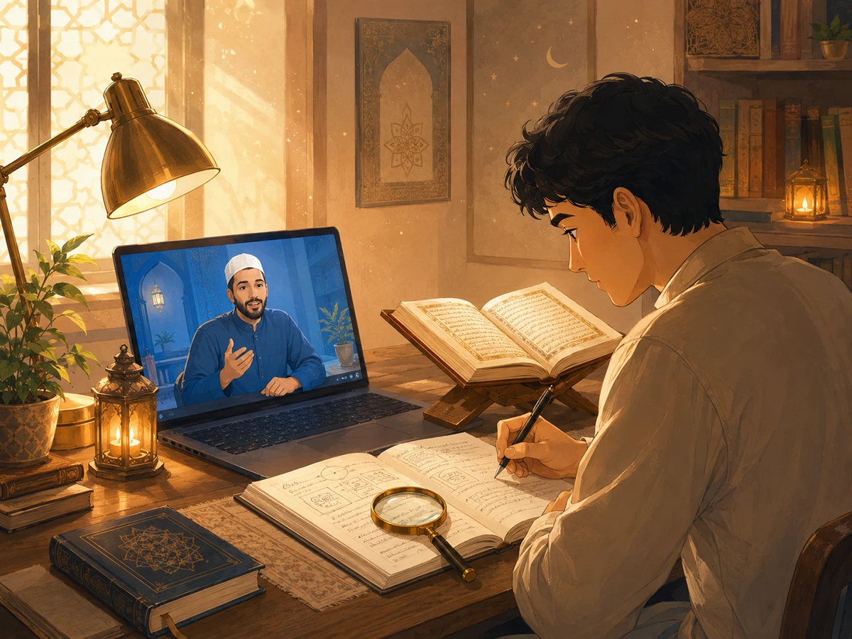 Adult learner carefully studying Quranic verses with teacher guidance.