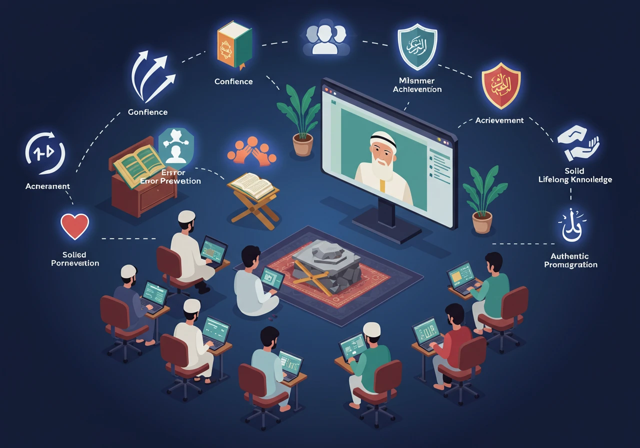 Shows men and boys learning Quran online in a circle with laptops and a virtual teacher, surrounded by icons symbolizing the main benefits of paid classes—faster progress, confidence, error prevention, achievement, community, lifelong foundation, spiritual growth, personal attention, and authentic pronunciation—without any text or writing.