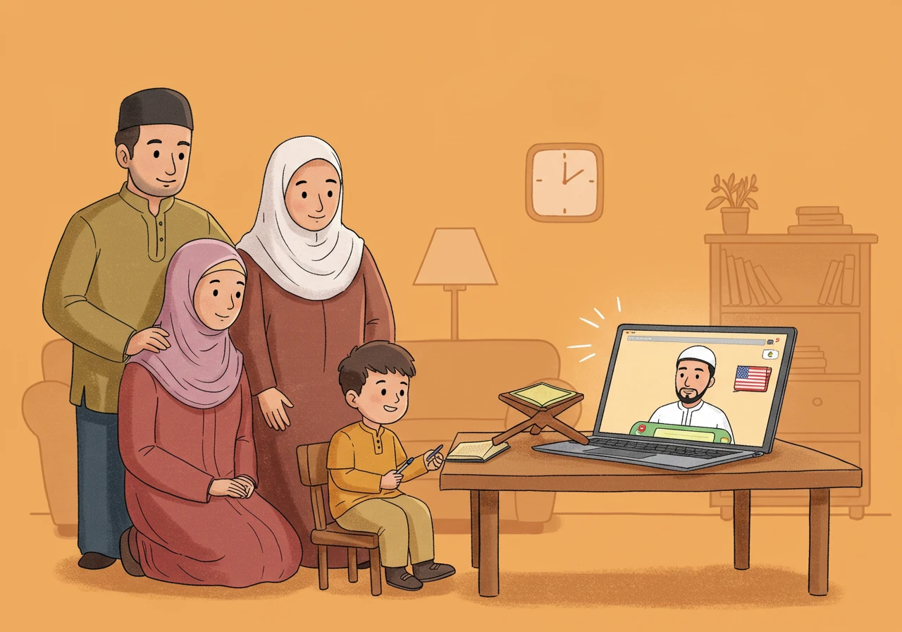 Muslim child in the USA learning Quran online with laptop facing them, supportive parents nearby, visible wall clock for time zone management, and safe culturally adapted Quran education environment.