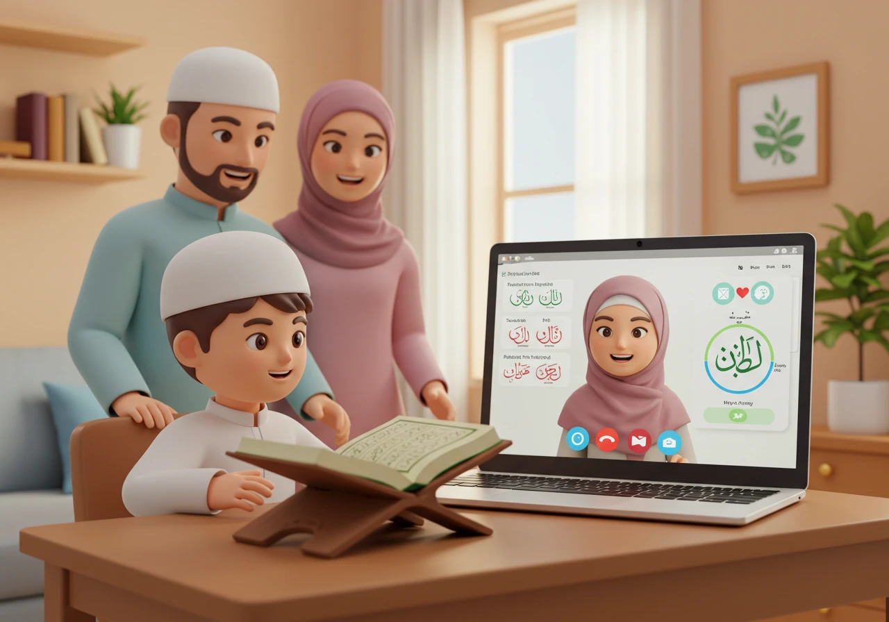 A Muslim boy learning Quran online from a qualified teacher on a video call, with parents watching proudly, representing the importance of proper tajweed instruction and teacher qualifications in online Quran education.