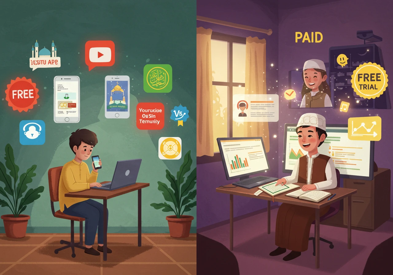 Free Quran learning resources like YouTube tutorials or basic apps offer accessibility but often lack structure, personalized feedback, and qualified instruction, whereas paid programs provide expert guidance, accountability, and a more effective, organized Quran learning experience.