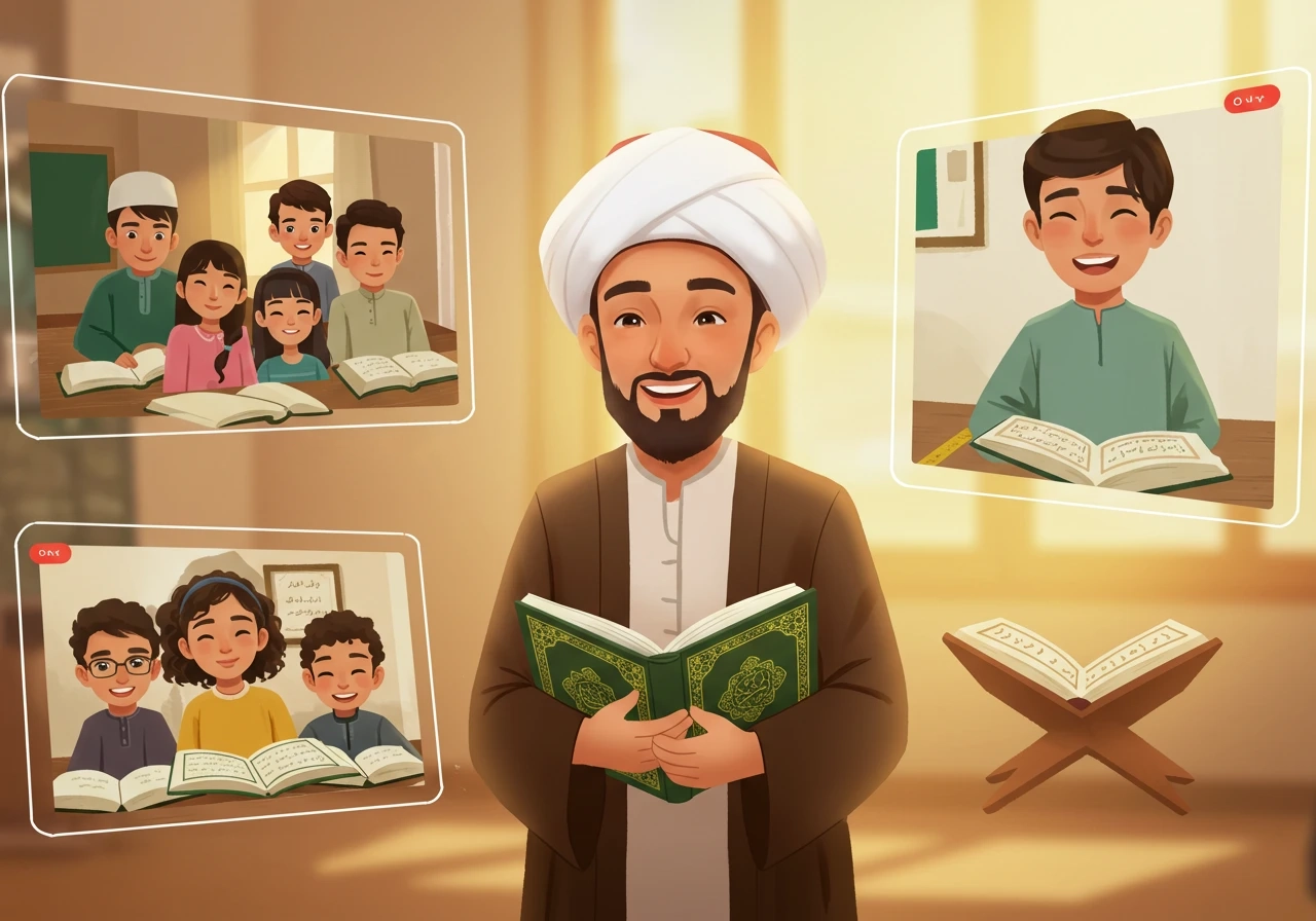 Comparison of group and private online Quran classes, featuring a central tutor with a group of same-age students on one side and a single student in a private lesson on the other.