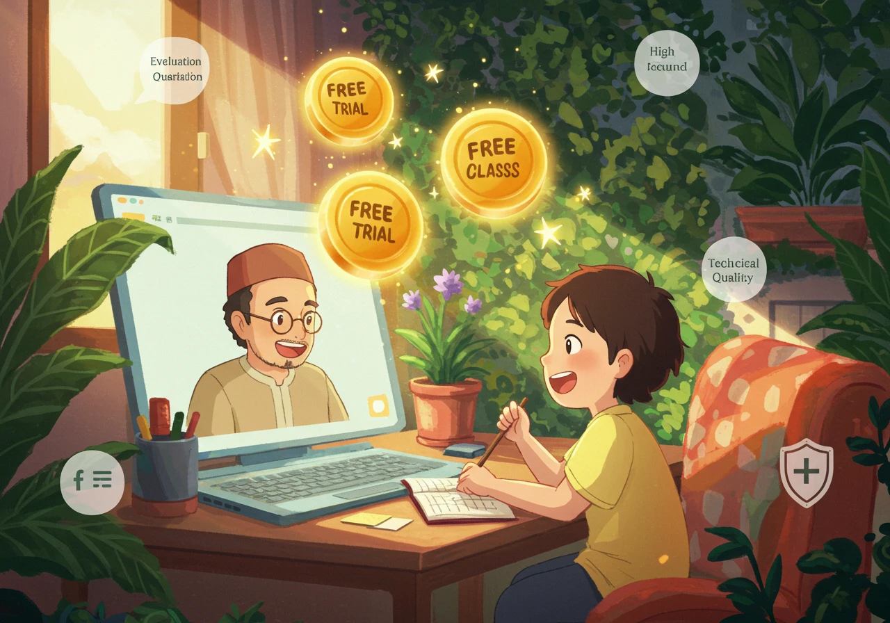 Highlights the importance of free trial Quran classes, illustrating how they allow students to assess teaching style, platform quality, and curriculum fit before enrolling in a paid program.