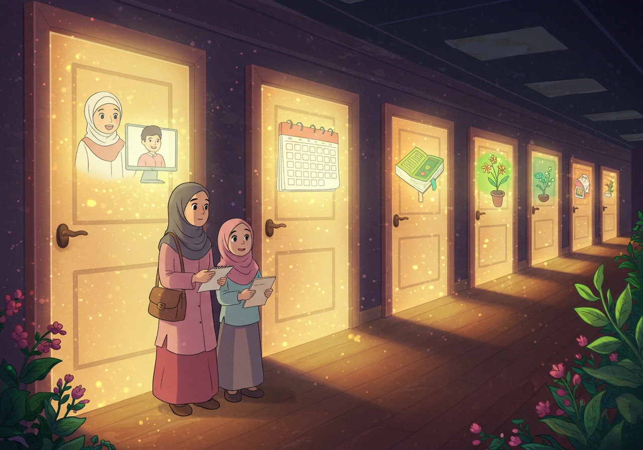 A vibrant Ghibli-style image of a Muslim family (mother and daughter in hijab) at the entrance to a magical corridor with glowing doors, each revealing visual symbols of next steps in choosing a Quran education program, all without any text or numbers.