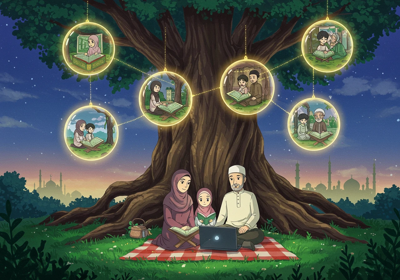 A vibrant Ghibli-style image of a Muslim family (mother and daughter in hijab) learning Quran online beneath a glowing, magical tree with luminous Quran pages and orbs showing the family at different life stages, symbolizing the lifelong and generational value of Quran education.