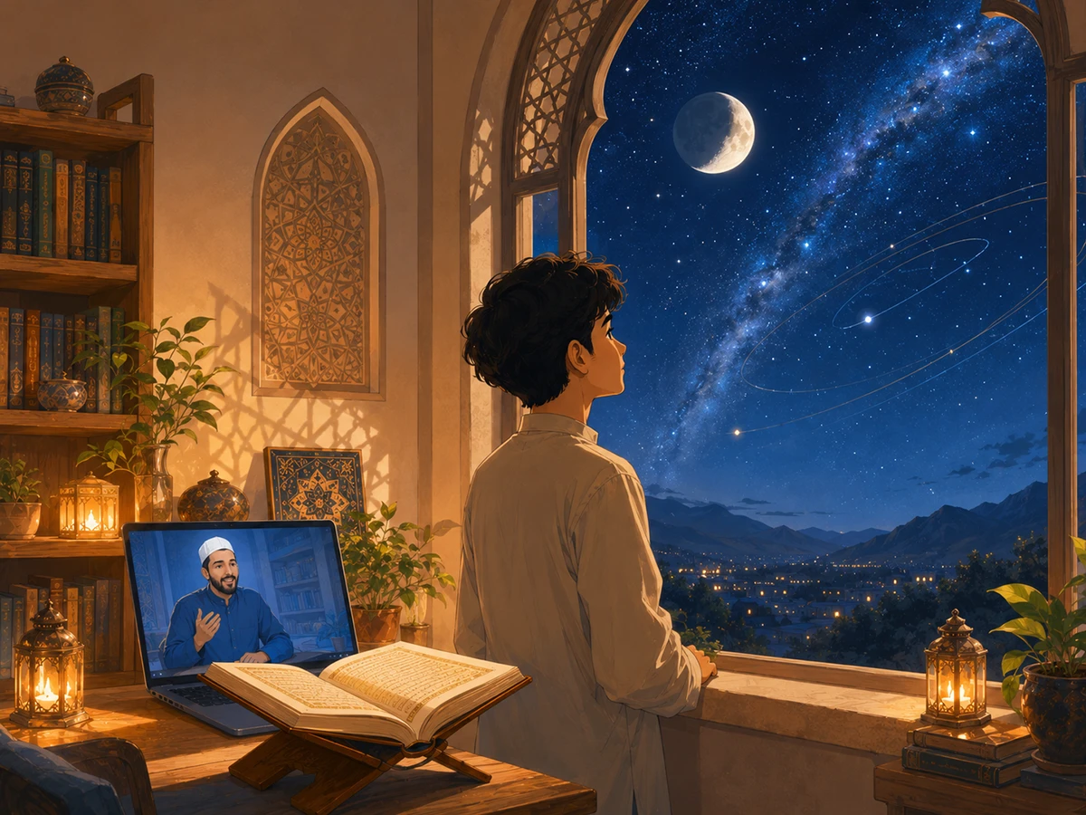 Teen learner reflecting on the expanding universe and celestial orbits after Quran study.