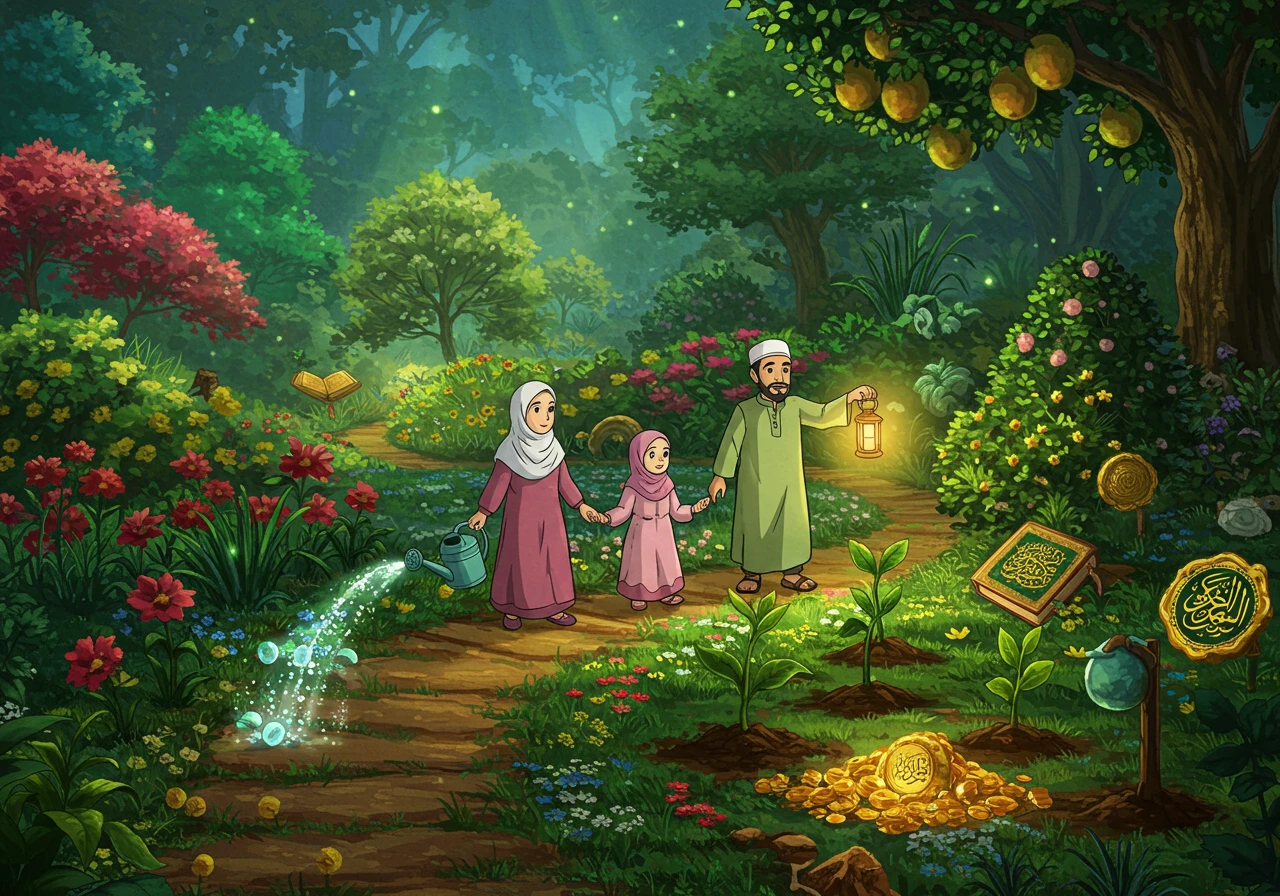A vibrant Ghibli-style image of a Muslim family (mother and daughter in hijab) walking through a magical garden path, nurturing Quran-shaped seedlings with their tutor guiding them, symbolizing growth, effort, and the true value of Quran education beyond price.