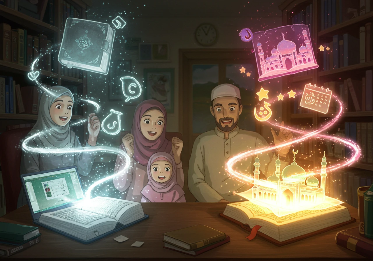 A vibrant Ghibli-style image of a Muslim family (mother and daughter in hijab) favoring an open, glowing magical book symbolizing customized Quran learning, while a smaller, dull standard book is ignored, showing the clear benefits of personalized plans in an online setting.
