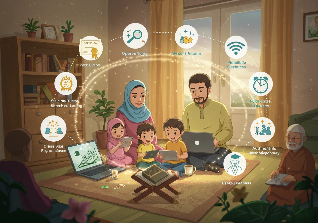 A vibrant Ghibli-style scene of a family learning Quran online together, surrounded by glowing icons for quality features like top tutors, structured learning, support, and trial classes, all without any text.