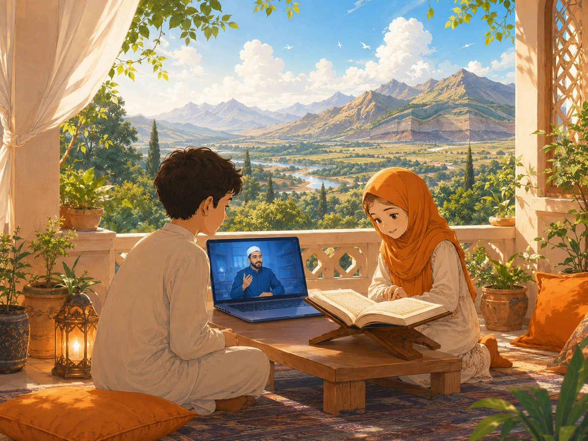 Siblings reflecting on mountains, plants, and wind while learning Quran online.