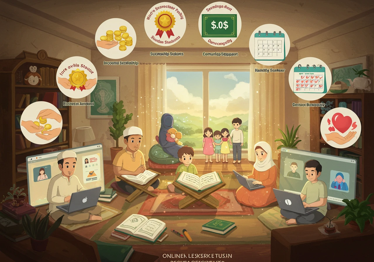A vibrant Ghibli-inspired scene of diverse students learning Quran online, surrounded by rich visual icons showing financial aid options—coins, scholarship certificates, supportive hands, families, community, and weekend calendar—all without text.