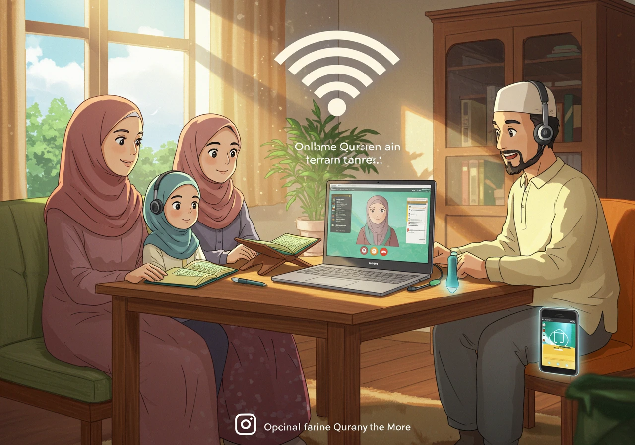 A vibrant Ghibli-style image of a Muslim family learning Quran online at home, with mother and daughter in hijab, a laptop displaying a digital Quran and online teacher, headsets, Wi-Fi, and optional tools like a tablet and digital pen, all without any text.