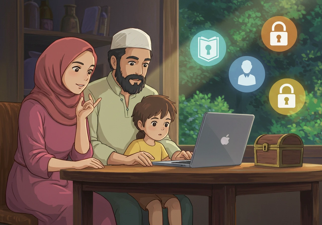 A vibrant Ghibli-style image of a calm family learning Quran online, with a digital Quran open on the laptop and gentle icons showing potential issues like a locked book, blurred teacher, and locked chest, all without text.