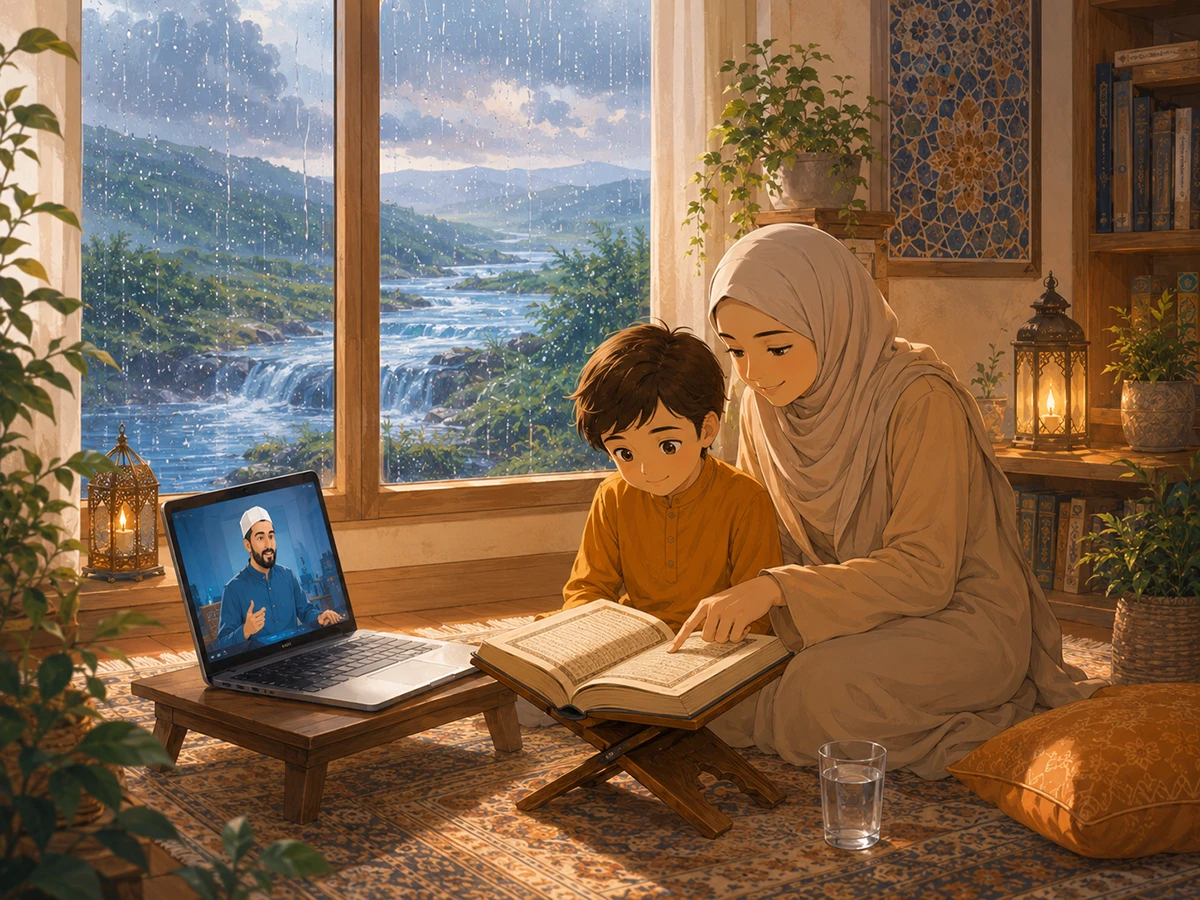Child learning about water, rain, and sea signs in the Quran with family support.